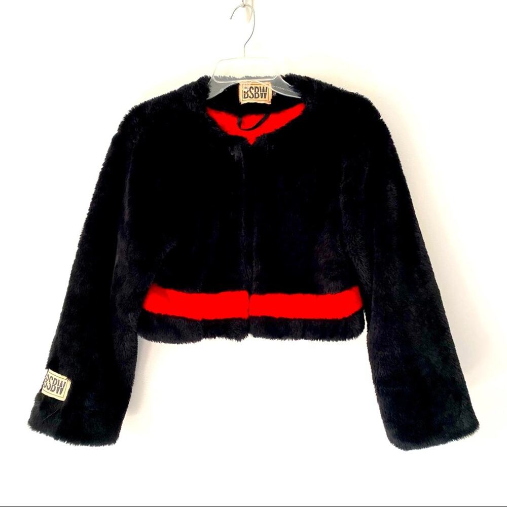 BSBW Y2K Vintage Faux Fur Crop Jacket XS red black